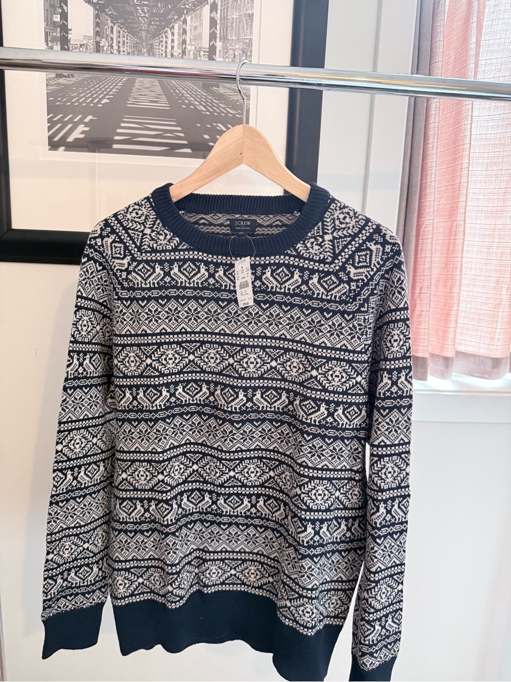 J. Crew Navy and Off-White Fair Isle Crewneck Sweater